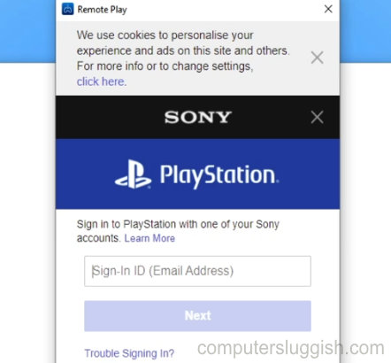 PlayStation Remote Play app sign in window.