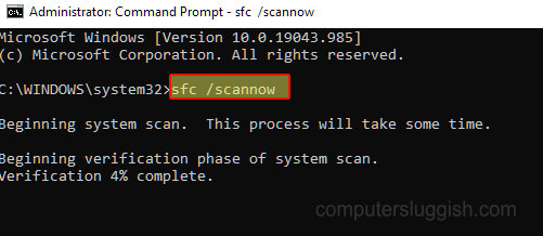 Windows command prompt showing system file scan in progress.