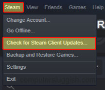 Selecting "check for steam client updates" in Steam