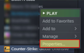 Steam showing CSGO context menu with the Properties option.