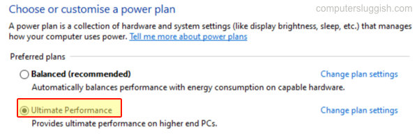 Power plan list showing the Ultimate Performance power plan option.