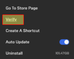 Epic Games Launcher showing options with the Verify option.