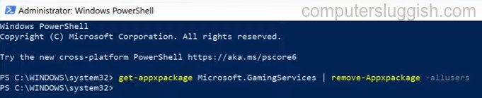 Windows PowerShell entering code to reinstall gaming services