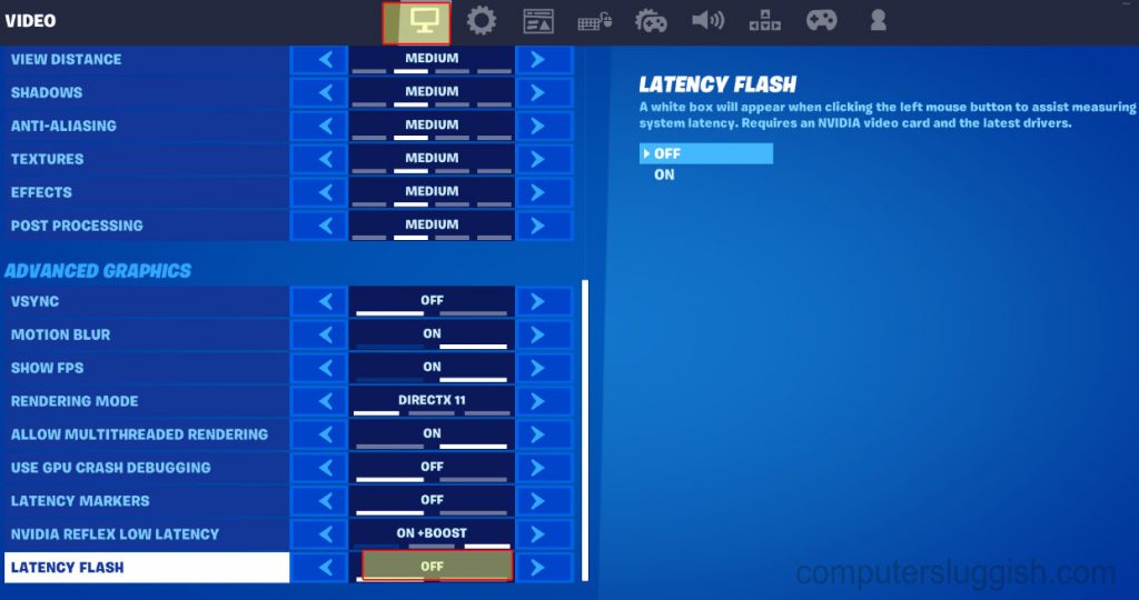 Fortnite in-game video settings showing Latency Flash highlighted.