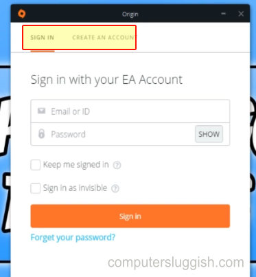 Origin sign-in window showing login form with option to create account.