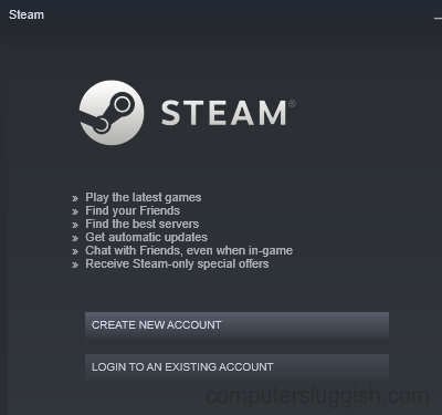 Steam window showing login button and create new account button.