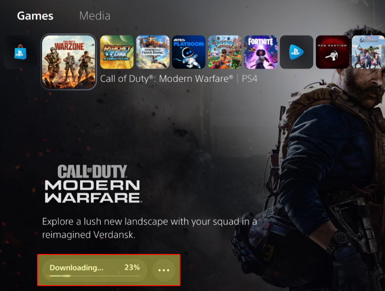 PlayStation homescreen showing Warzone downloading progress.