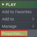 Steam game context menu showing Properties option.
