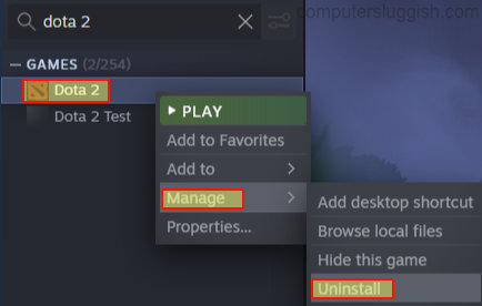 Steam games library, manage menu showing uninstall for Dota 2.