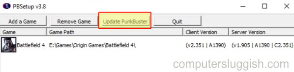 PunkBuster showing Update PunkBuster button with Battlefield 4 in the games list.