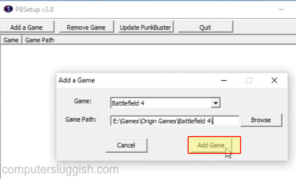 PunkBuster showing Add a Game with Battlefield 4 selected.