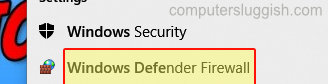 Windows start menu search showing Windows Defender Firewall.