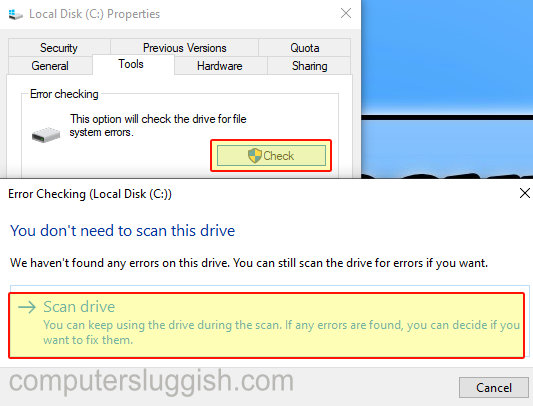 Scan drive in Windows 10 error checking