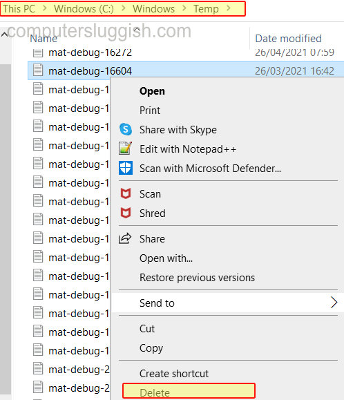 Windows 10 Temp folder showing a file selected with the right-click context menu showing delete option.
