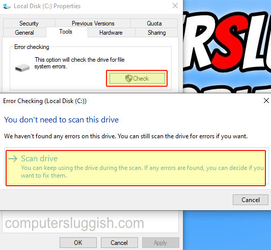 Error checking window showing Scan drive option for hard drive.
