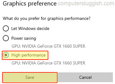 Windows setting a games graphics preference to High Performance