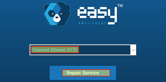 Easy Anti-Cheat showing Current game selected with Repair Service button.