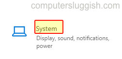 Windows 10 Settings showing the System option button.