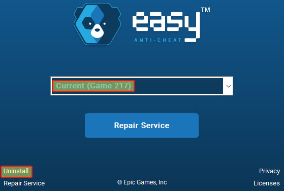 Easy Anti-Cheat showing Current game selected with Repair Service button and Uninstall option.