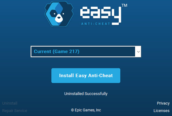 Easy Anti-Cheat showing Current game selected with Install Easy Anti-Cheat button saying uninstall successfully.