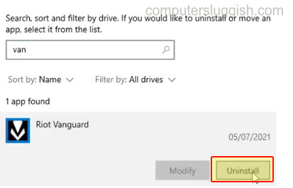 Selecting uninstall for Riot Vanguard in Windows