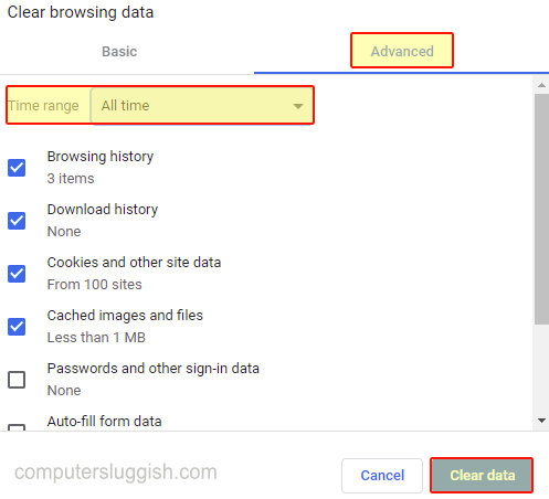 Google Chrome clear browsing data settings.