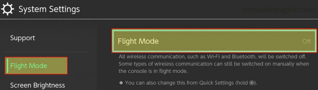 Nintendo Switch system settings with flight mode turned off.