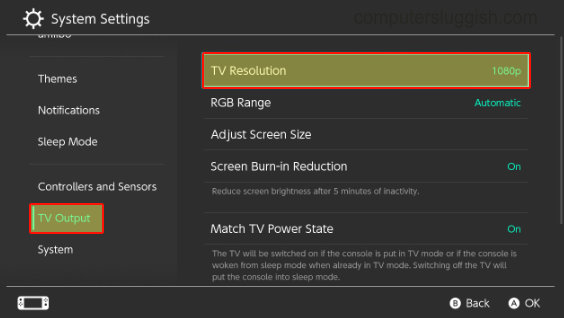 Nintendo Switch settings changing TV Resolution