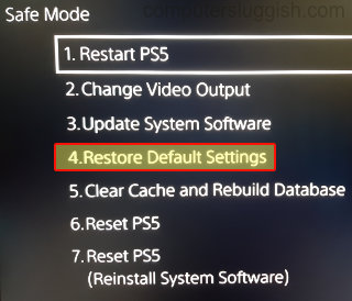 PlayStation 5 Safe Mode list of different options with Restore Default Settings.