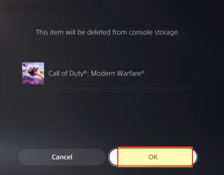 Confirm window saying Call Of Duty Modern Warfare will be deleted from console storage.