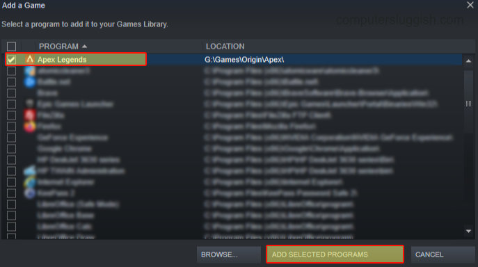 Steam Add a Game showing all games on PC that you would like to select and add.