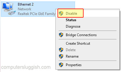 Network adapter showing disable option in context menu.