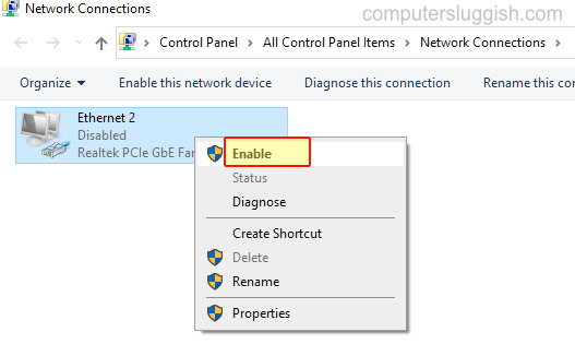 Enabling ethernet adatper in Windows network settings