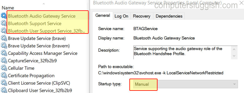 Windows Services showing all the bluetooth services.