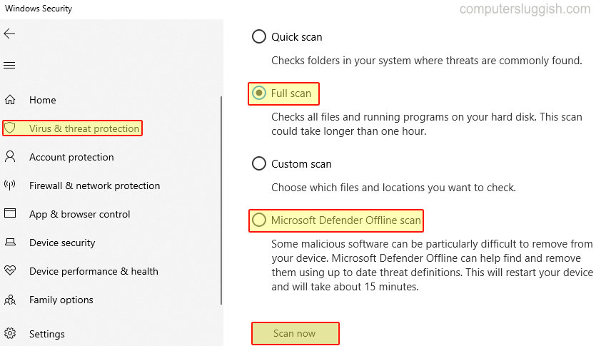Microsoft Defender Virus & threat protection settings with Full scan selected.