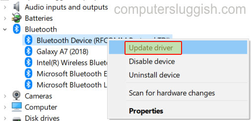 Windows Device Manager showing update bluetooth driver.