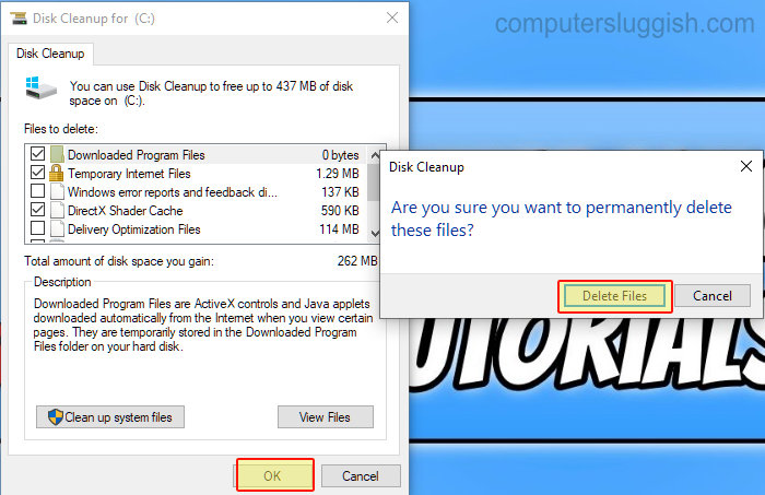Windows 10 Disk Cleanup with delete files confirmation window.