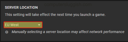 GeForce Now server location option.