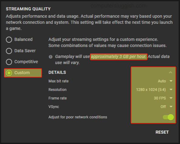 GeForce Now streaming quality settings.