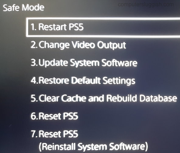 Safe mode showing a list of all the PlayStation 5 options.