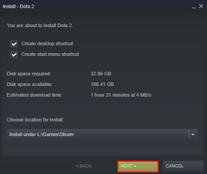 Steam install Dota 2 window showing choose location for install.