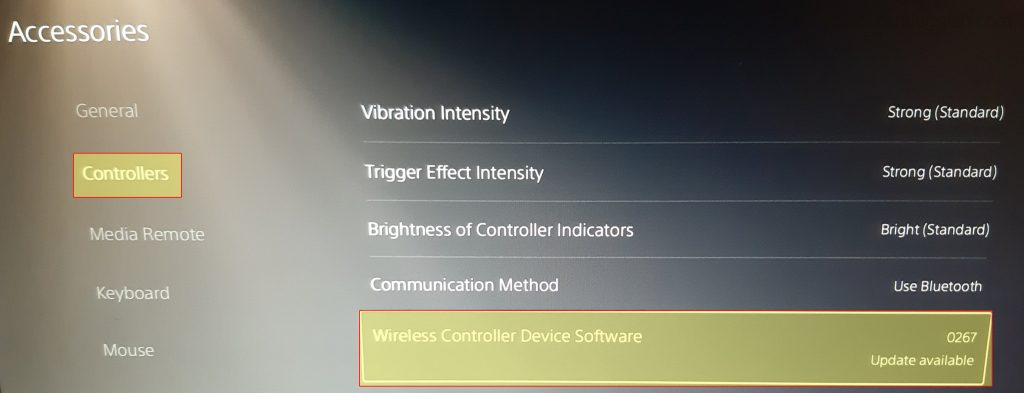 Playstation 5 accessories settings check wireless controller update available.