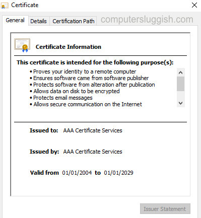 Window showing certificate details in Microsoft Edge.