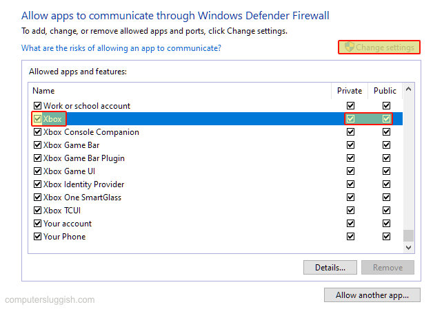 Windows defender firewall allowing Xbox app internet access.