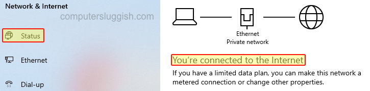 Windows 10 Network & Internet Settings text saying your connected to the internet.