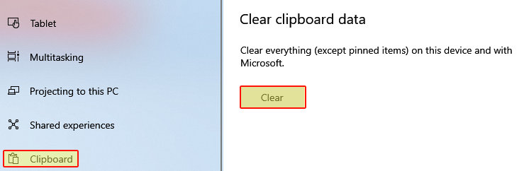 Windows 10 Settings showing Clipboard option selected with the Clear clipboard data button.