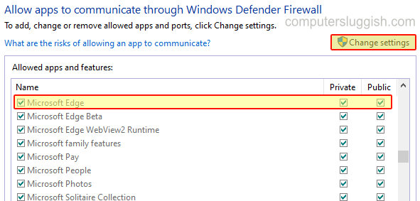 Microsoft Edge in Windows Firewall.