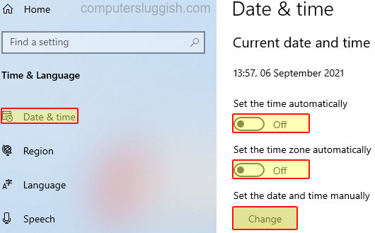 Windows Date & Time settings.