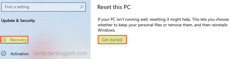 Windows 10 Reset this PC recovery window.