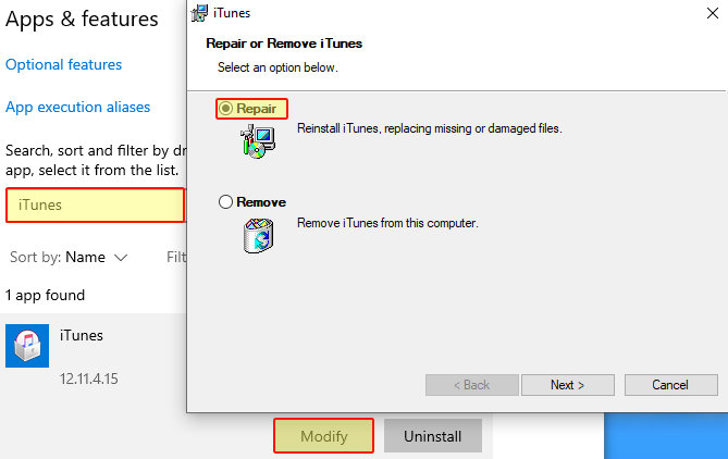 iTunes showing Repair option.